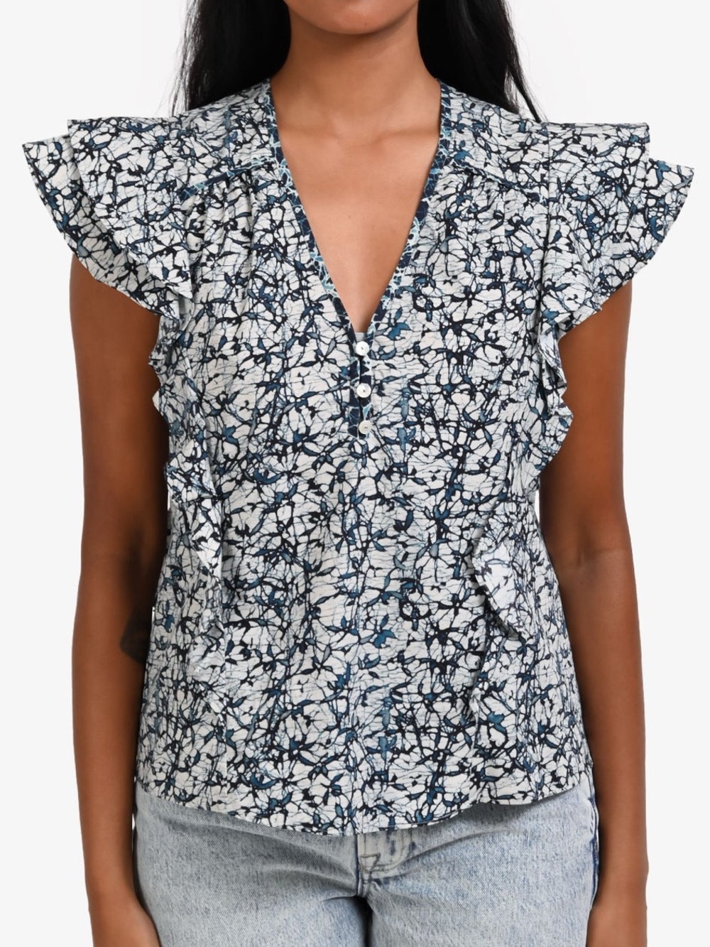 Veronica Beard Blue White Abstract Print Flutter Sleeve Top Size 2
